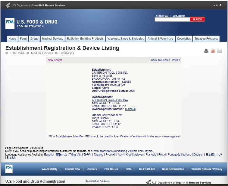 Screenshot of FDA certification for Criterion Tool